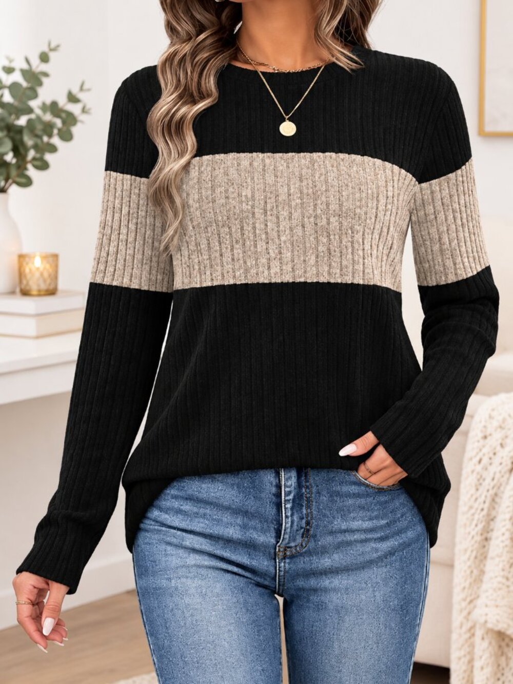 WIHOLL Women's Color Block Long Sleeve Sweater Fall Winter Top